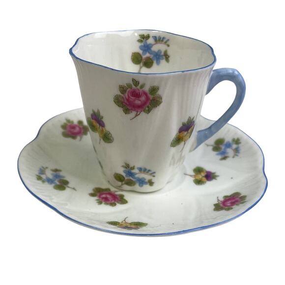 Vintage Shelley England Blue Trim Wildflowers Saucer Cup Fine Bone China Teacup - Picture 1 of 7